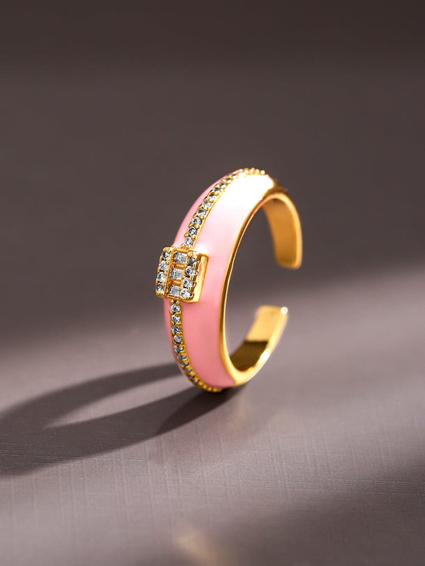 Rubans Set of 2, 18K Gold-Plated Turquoise & Pink Enamel Cubic Zirconia Studded Rings Rings
