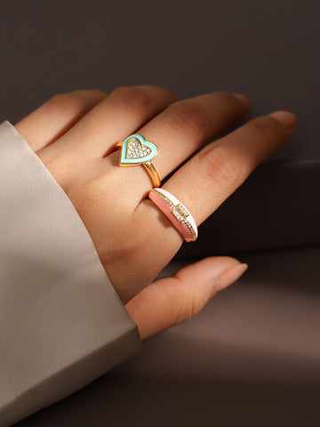Rubans Set of 2, 18K Gold-Plated Turquoise & Pink Enamel Cubic Zirconia Studded Rings Rings