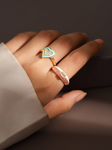Rubans Set of 2, 18K Gold-Plated Turquoise & Pink Enamel Cubic Zirconia Studded Rings Rings