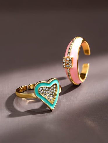 Rubans Set of 2, 18K Gold-Plated Turquoise & Pink Enamel Cubic Zirconia Studded Rings Rings