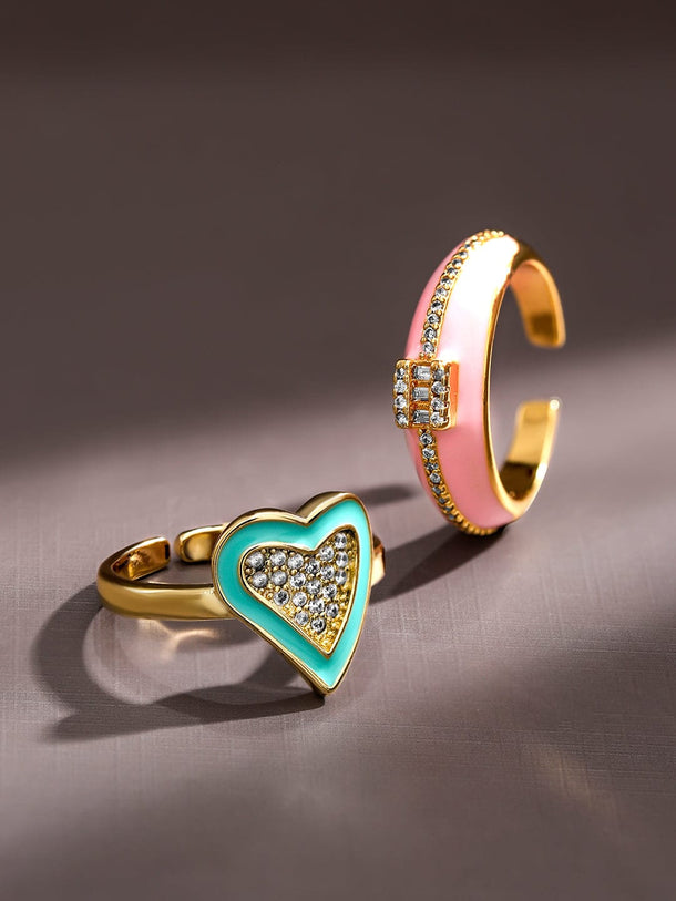 Rubans Set of 2, 18K Gold-Plated Turquoise & Pink Enamel Cubic Zirconia Studded Rings Rings