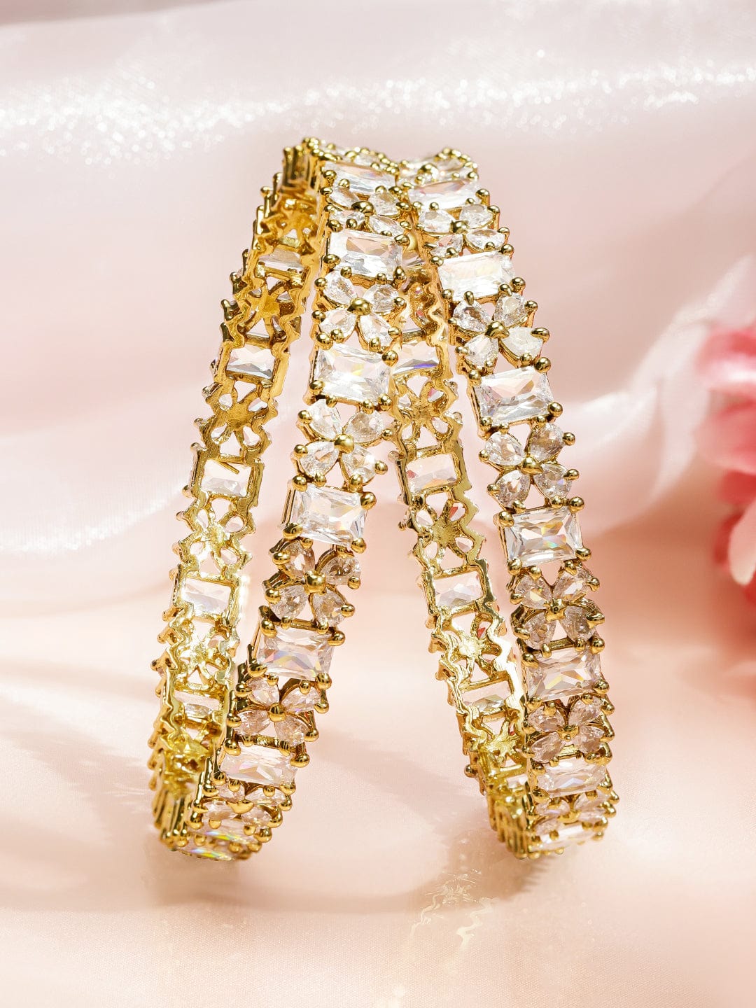 Rubans Set of 2 18K Gold-Plated White Cubic Zirconia Studded Floral Design Bangles Bangles & Bracelets