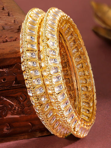 Rubans Set of 2 18K Gold-Plated White Kundan Studded Broad Traditional Bangles Bangles