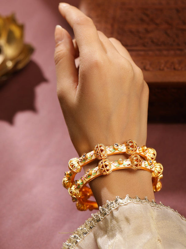 Rubans Set of 2 18K Gold Plated White, Pink & Green Enamel & Kundan Studded Bangles Bangle