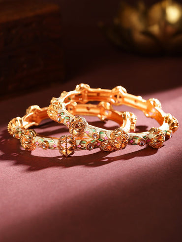 Rubans Set of 2 18K Gold Plated White, Pink & Green Enamel & Kundan Studded Bangles Bangle