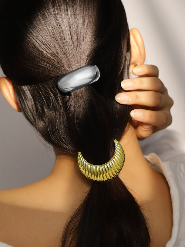 Rubans Set of 2 18K Gold & Rhodium Plated Crescent & Sculpted Wave Design Hair Ties Hair Accessories