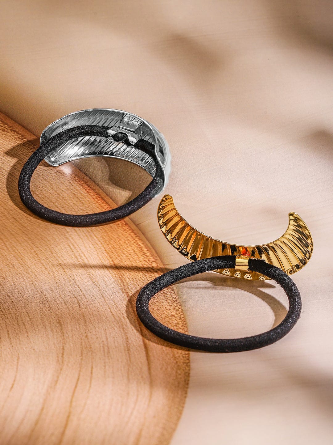 Rubans Set of 2 18K Gold & Rhodium Plated Crescent & Sculpted Wave Design Hair Ties Hair Accessory