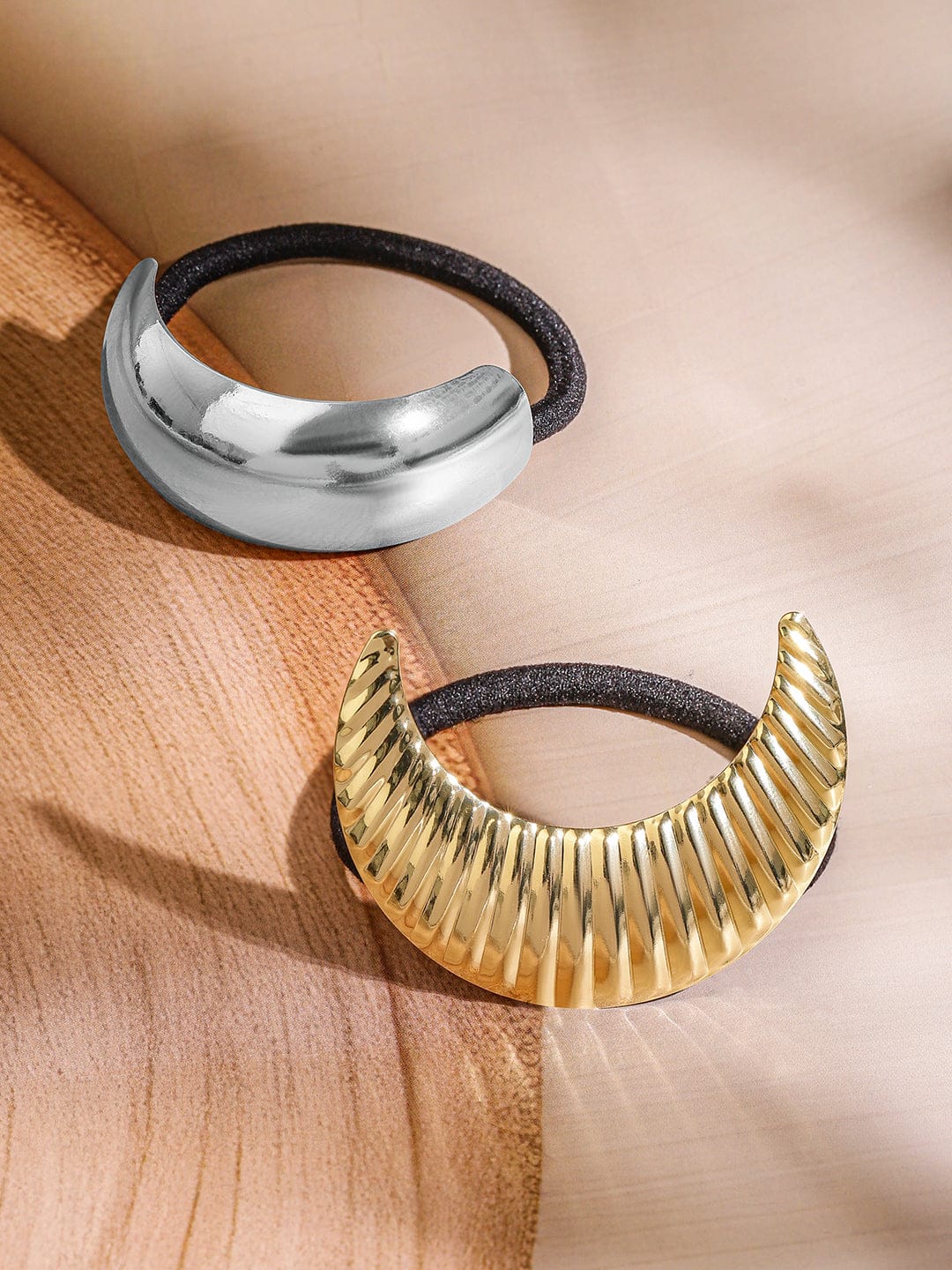 Rubans Set of 2 18K Gold & Rhodium Plated Crescent & Sculpted Wave Design Hair Ties Hair Accessory