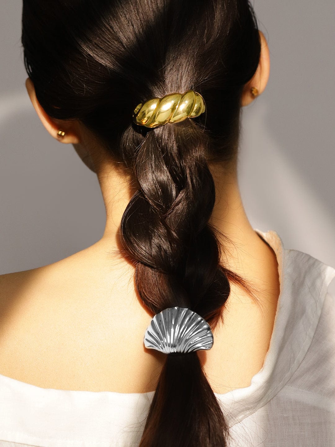 Rubans Set of 2 18K Gold & Rhodium Plated Sculpted Twisted & Shell Design Hair Ties Hair Accessories