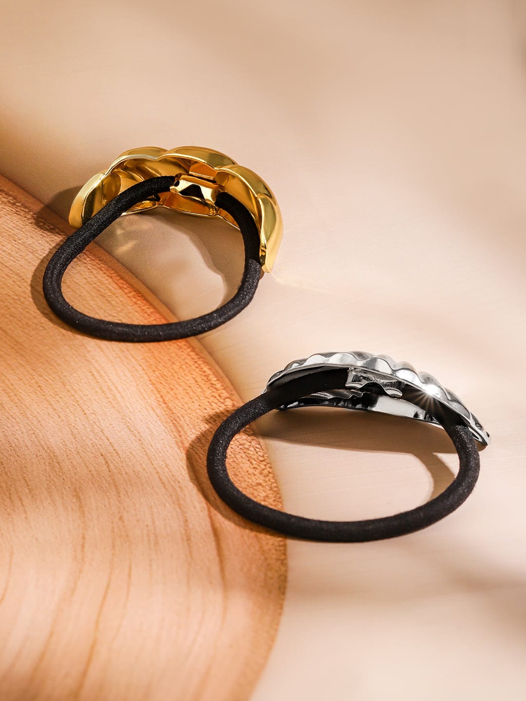 Rubans Set of 2 18K Gold & Rhodium Plated Sculpted Twisted & Shell Design Hair Ties Hair Accessory