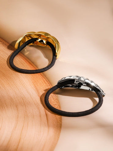 Rubans Set of 2 18K Gold & Rhodium Plated Sculpted Twisted & Shell Design Hair Ties Hair Accessory