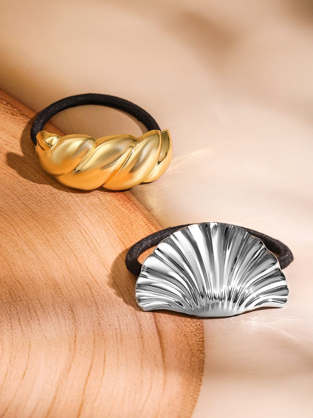 Rubans Set of 2 18K Gold & Rhodium Plated Sculpted Twisted & Shell Design Hair Ties Hair Accessory