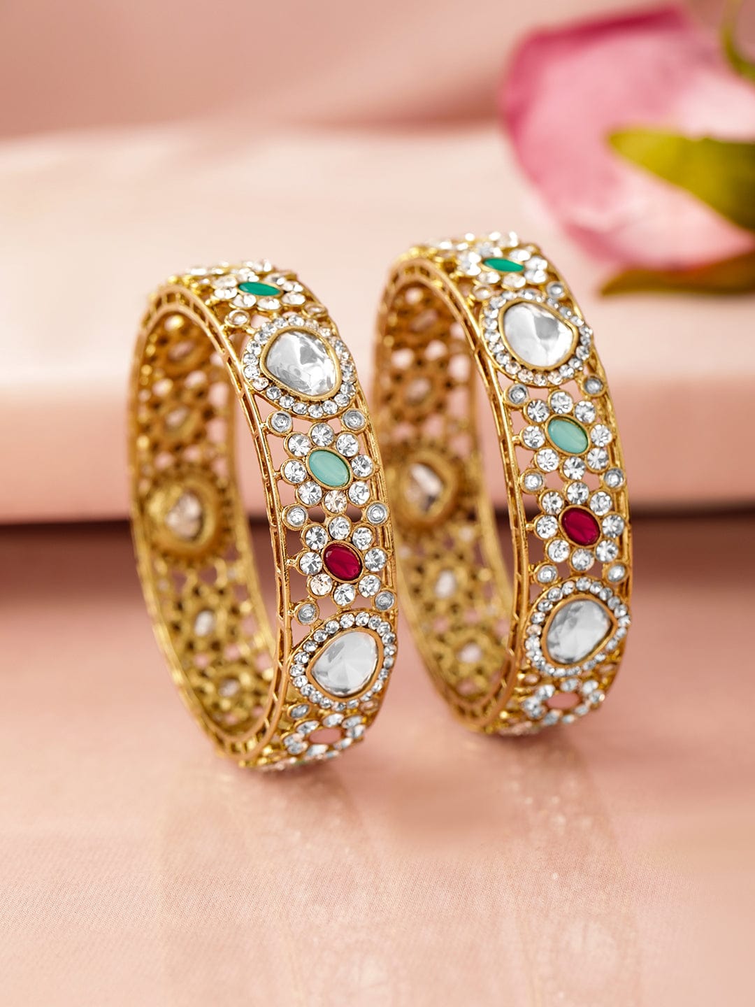 Rubans Set of 2 18K Mehandi Gold-Plated Kundan & Cubic Zicronia Stone Bangles Bangles