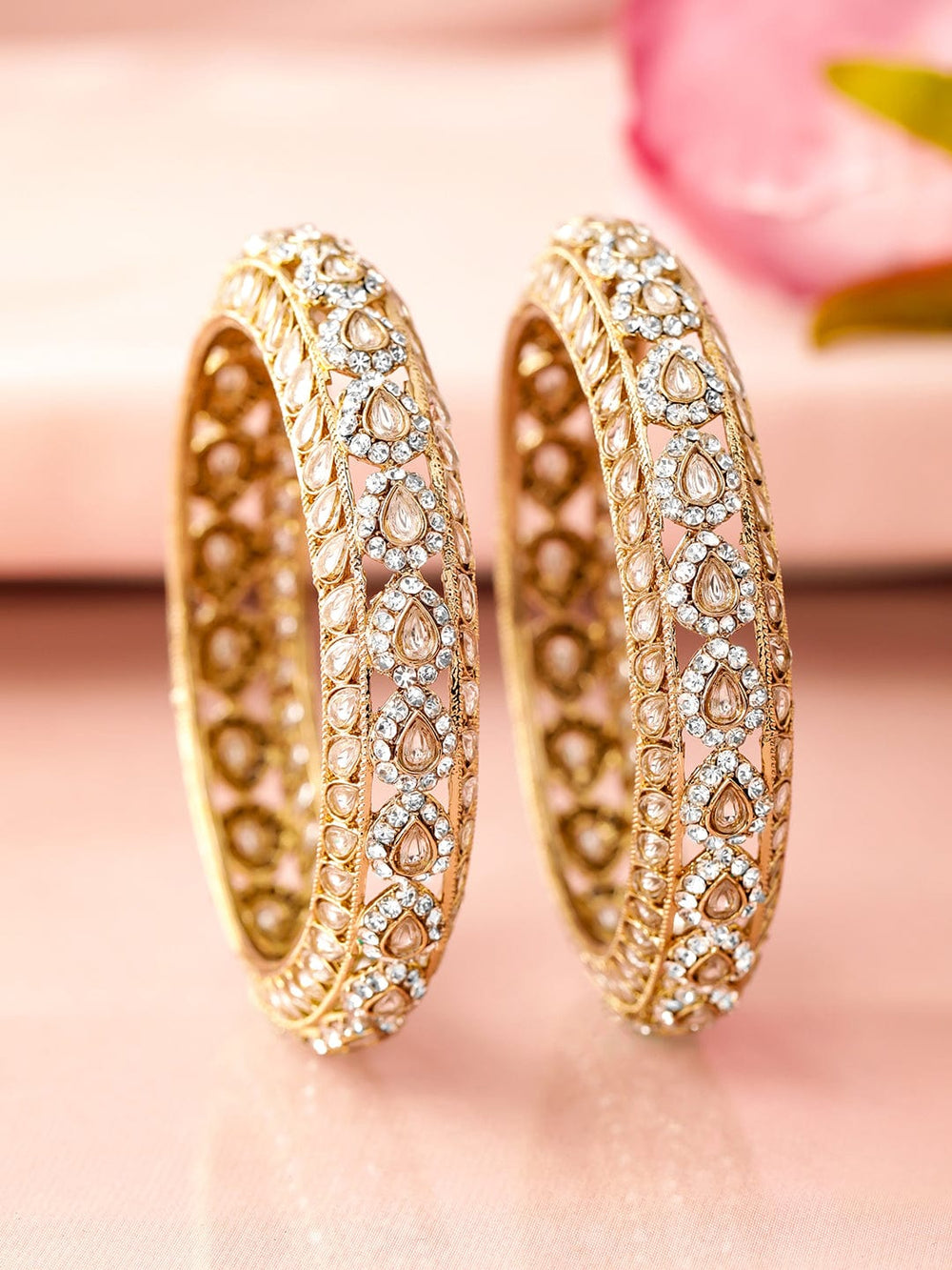 Rubans Set of 2 18K Mehandi Gold-Plated Kundan & Cubic Zirconia Studded Designer Bangles Bangles