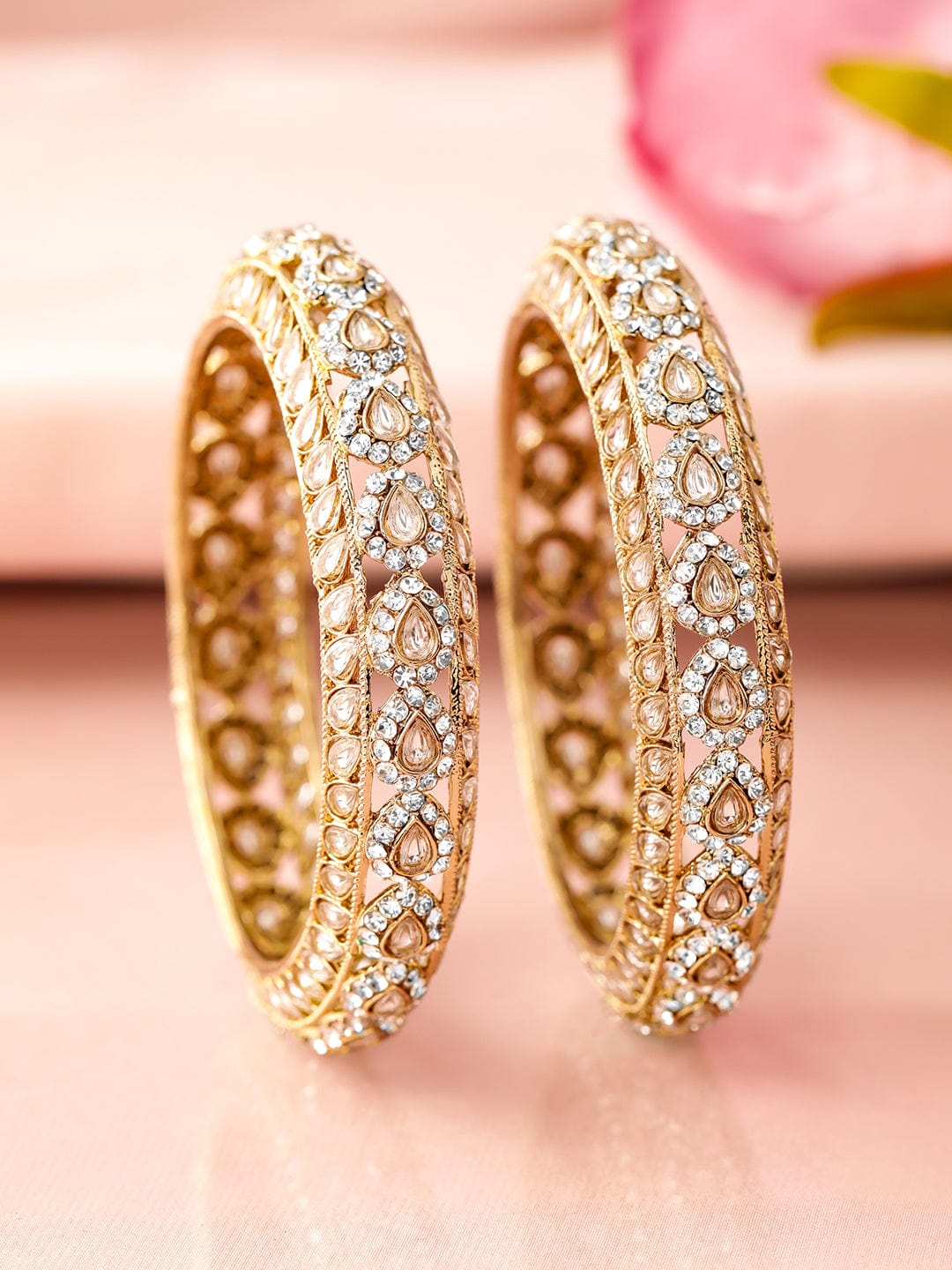 Rubans Set of 2 18K Mehandi Gold-Plated Kundan & Cubic Zirconia Studded Designer Bangles Bangles