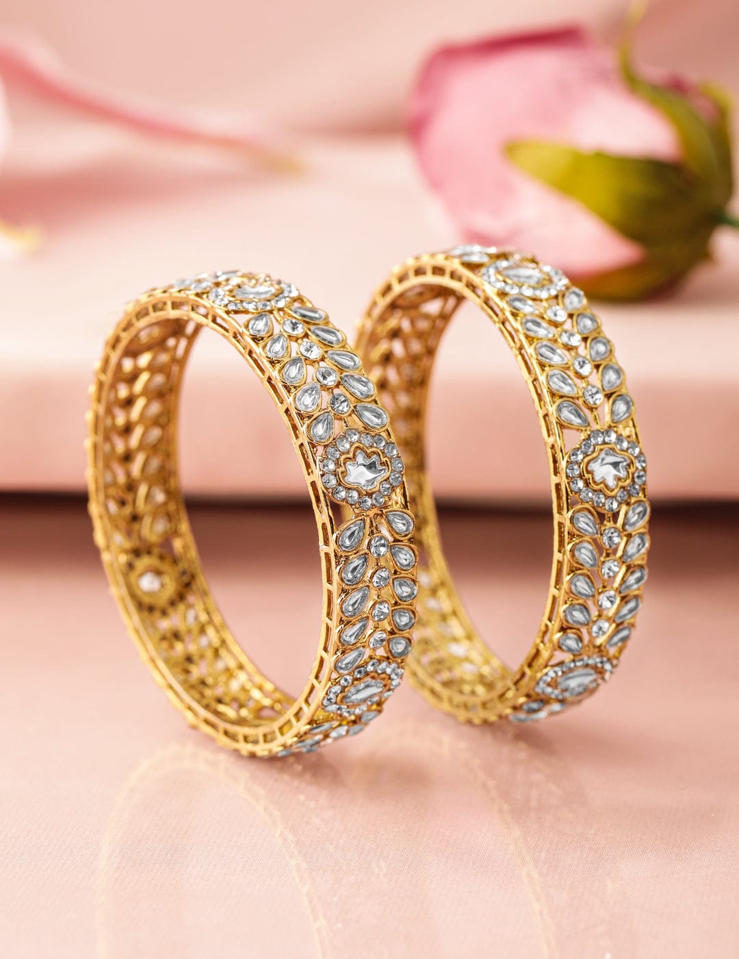 Rubans Set of 2 18K Mehandi Gold-Plated Kundan & Cubic Zirconia Studded Statement Bangles Bangles