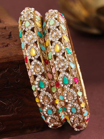Rubans Set of 2 18K Mehandi Gold-Plated Multicolor Kundan & Zirconia Studded Designer Bangles Bangles