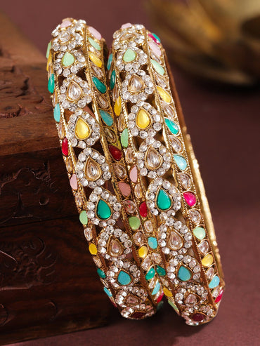 Rubans Set of 2 18K Mehandi Gold-Plated Multicolor Kundan & Zirconia Studded Designer Bangles Bangles