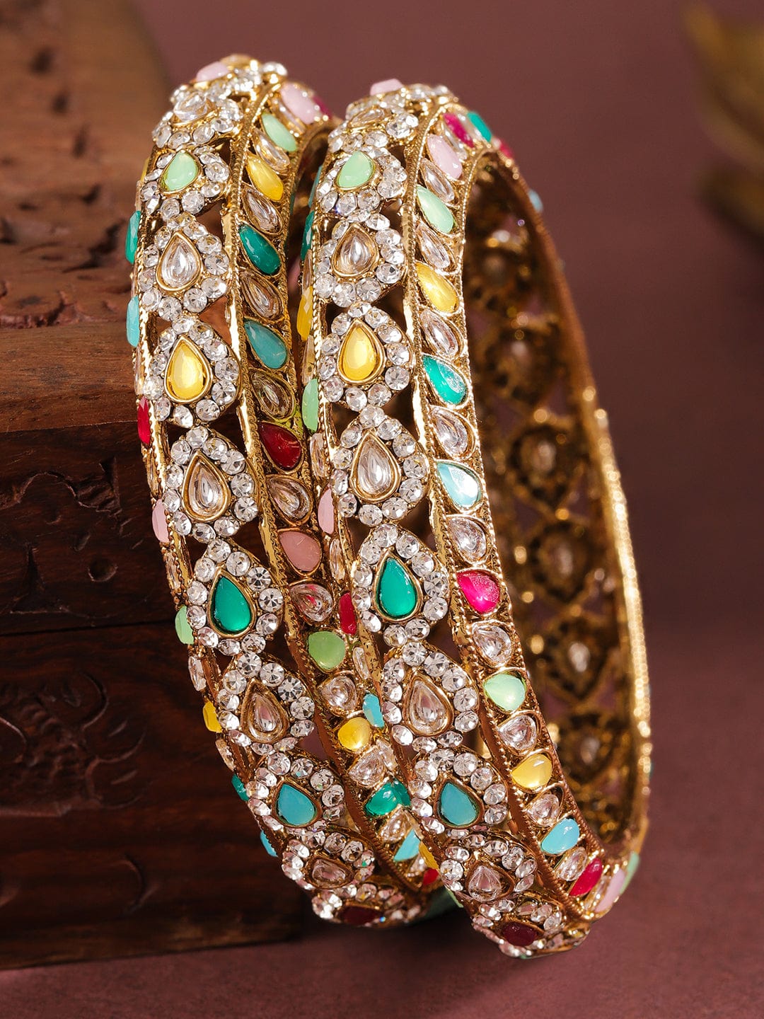 Rubans Set of 2 18K Mehandi Gold-Plated Multicolor Kundan & Zirconia Studded Designer Bangles Bangles