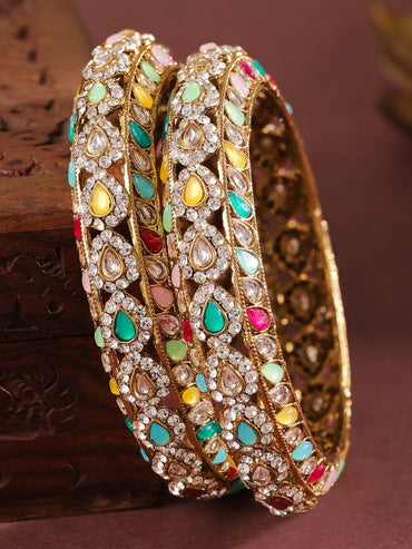 Rubans Set of 2 18K Mehandi Gold-Plated Multicolor Kundan & Zirconia Studded Designer Bangles Bangles