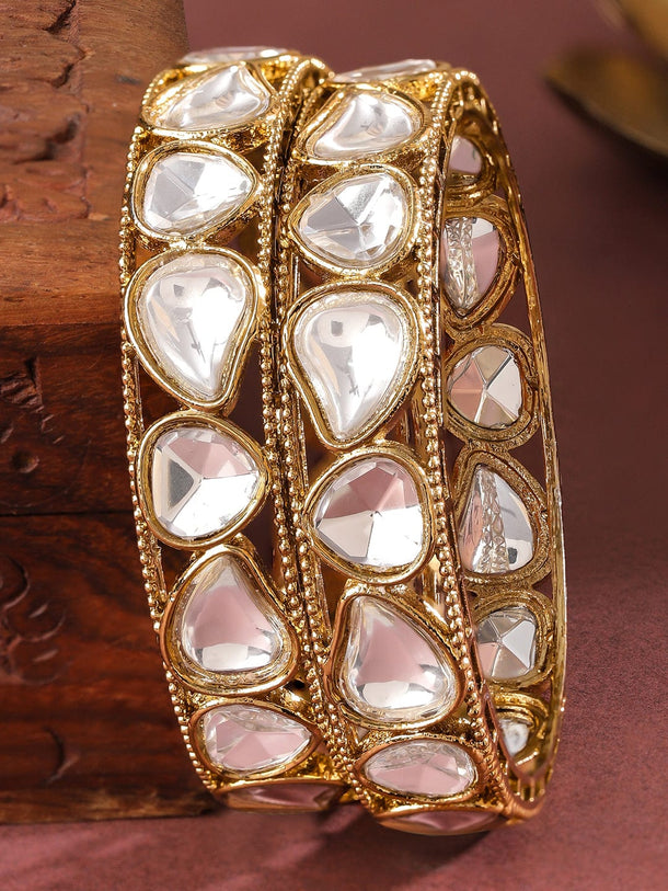 Rubans Set of 2 18K Mehandi Gold-Plated White Cubic Zirconia Studded Designer Bangles Bangles