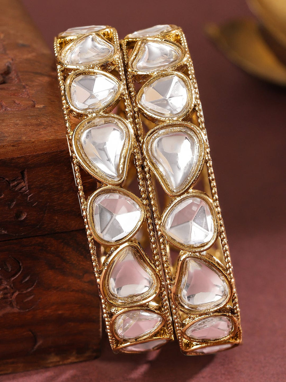 Rubans Set of 2 18K Mehandi Gold-Plated White Cubic Zirconia Studded Designer Bangles Bangles