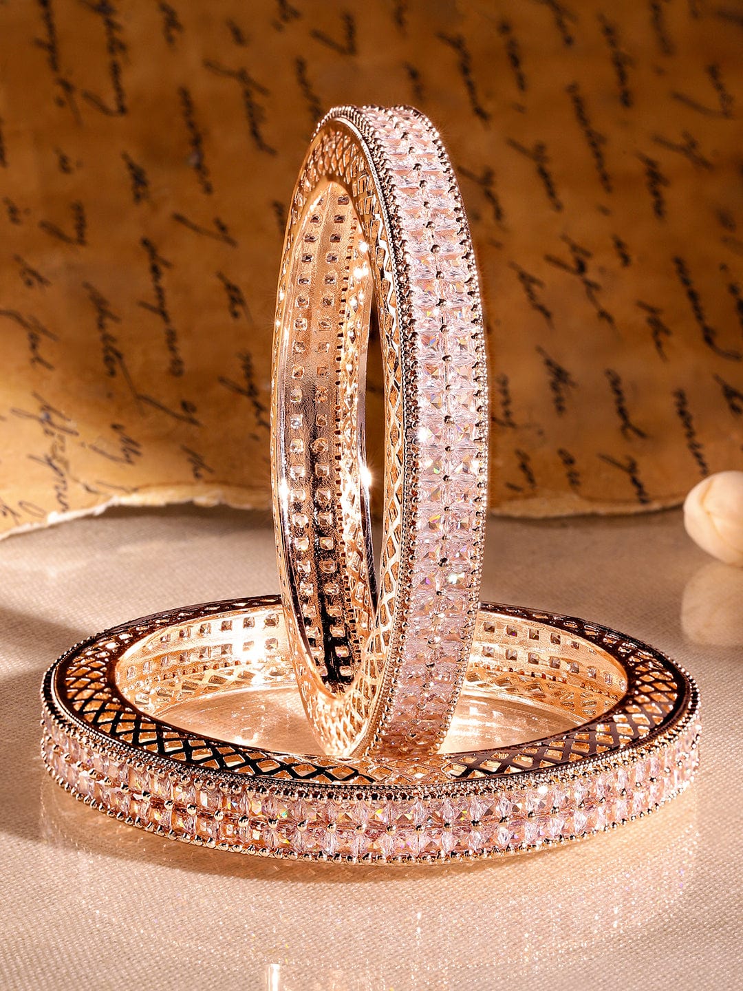 Rubans Set of 2 18K Rose Gold-Plated White Cubic Zirconia Studded Luxe Bangles for Women Bangles