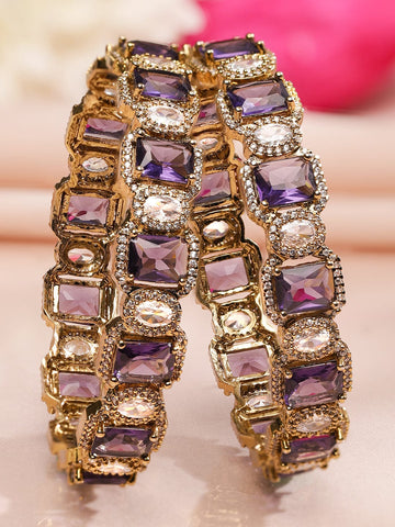 Rubans Set of 2 22K Gold-Plated Amethyst Purple AD & White Cubic Zirconia Studded Premium Bangles Bangles & Bracelets