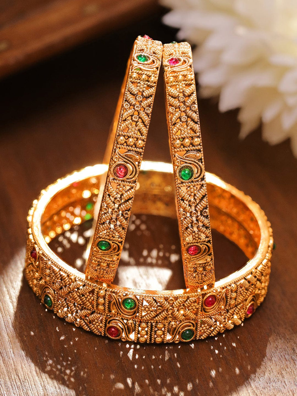 Rubans Set of 2 22K Gold-Plated Antique Bangles with Ruby Red & Emerald Green Stones Bangles & Bracelets
