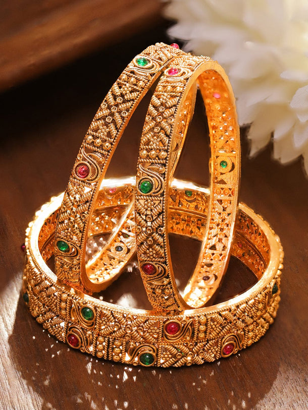 Rubans Set of 2 22K Gold-Plated Antique Bangles with Ruby Red & Emerald Green Stones Bangles & Bracelets