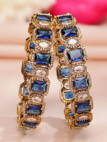 Rubans Set of 2 22K Gold-Plated Blue Sapphire & White Cubic Zirconia Studded Premium Bangles Bangles & Bracelets