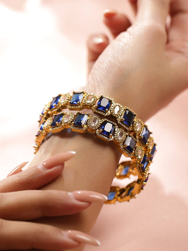 Rubans Set of 2 22K Gold-Plated Blue Sapphire & White Cubic Zirconia Studded Premium Bangles Bangles & Bracelets