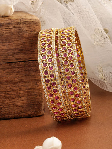 Rubans Set Of 2 22K Gold-Plated Cubic Zirconia Studded Bangles Wristwear