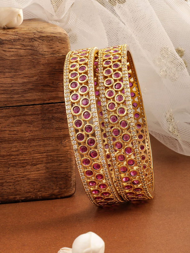 Rubans Set Of 2 22K Gold-Plated Cubic Zirconia Studded Bangles Wristwear