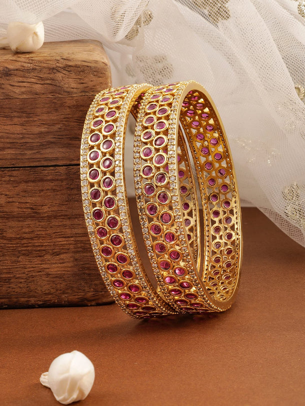 Rubans Set Of 2 22K Gold-Plated Cubic Zirconia Studded Bangles Wristwear