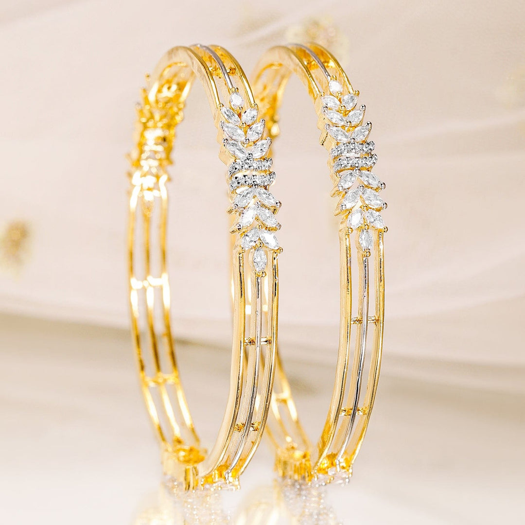 Rubans Set of 2, 22K Gold-Plated Cubic Zirconia Studded Leaf Design Bangles Bangles