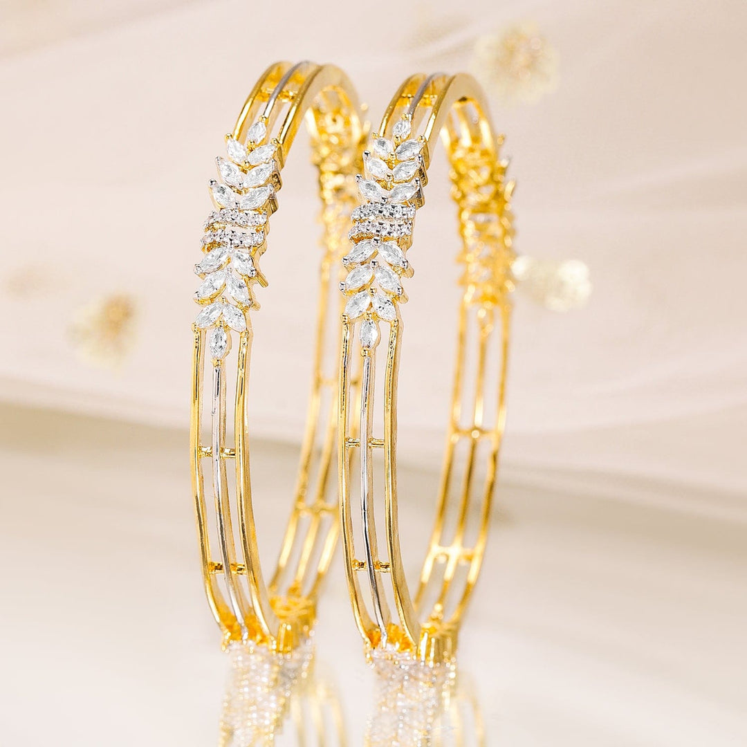 Rubans Set of 2, 22K Gold-Plated Cubic Zirconia Studded Leaf Design Bangles Bangles