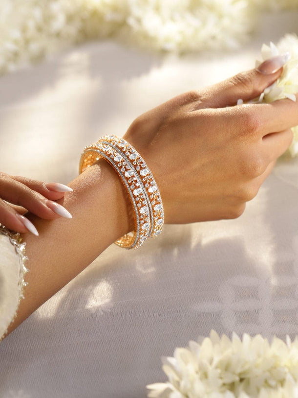 Rubans Set of 2, 22K Gold-Plated Dual-Tone Cubic Zirconia Studded Handcrafted Premium Bangles (Copy) Bangles & Bracelet