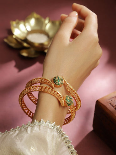 Rubans Set of 2 22K Gold-Plated Emerald Green Stone Studded Traditional Handcrafted Bangle Bangles & Bracelets