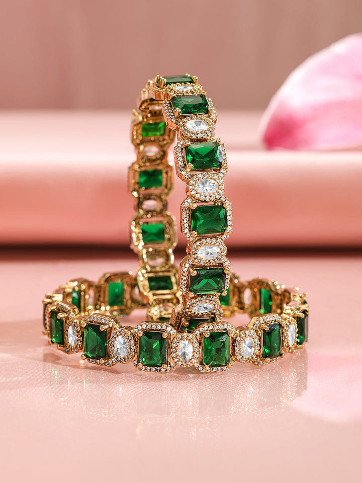 Rubans Set Of 2 22K Gold-Plated Emerald Green & White Cubic Zirconia Stone-Studded Bangles Bangles & Bracelets