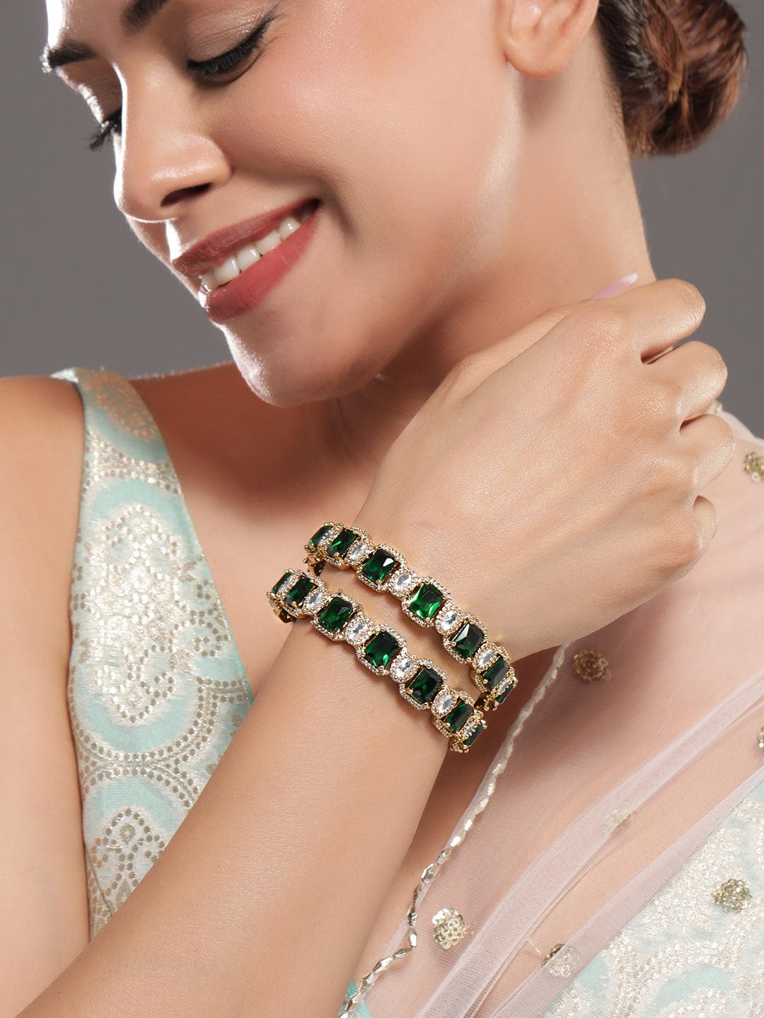 Rubans Set Of 2 22K Gold-Plated Emerald Green & White Cubic Zirconia Stone-Studded Bangles Bangles & Bracelets