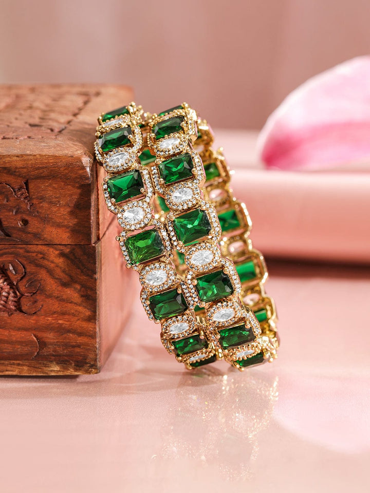 Rubans Set Of 2 22K Gold-Plated Emerald Green & White Cubic Zirconia Stone-Studded Bangles Bangles & Bracelets