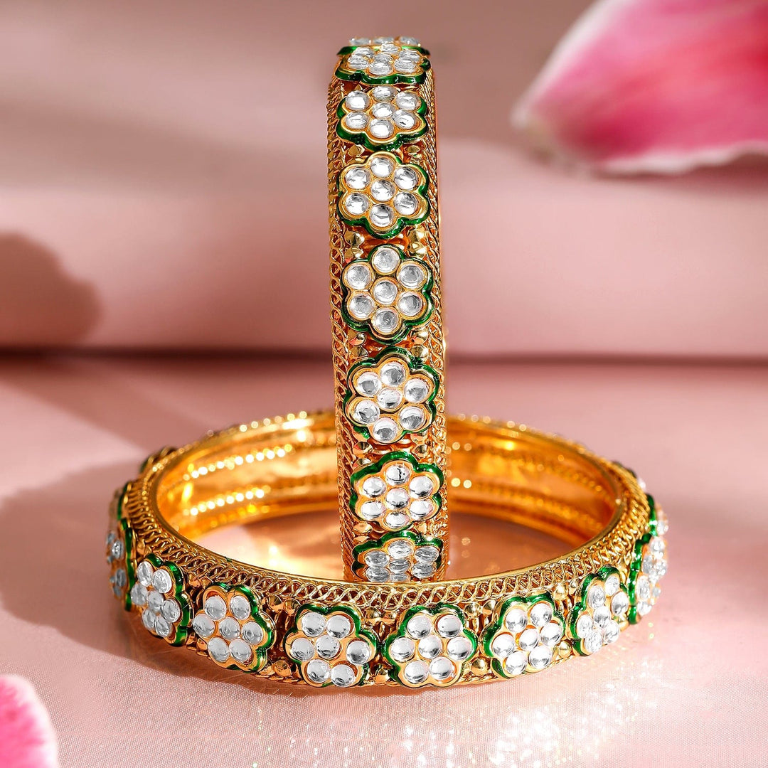 Rubans Set of 2, 22K Gold-Plated Floral Kundan Studded Bangles with Green Enamel Accents Bangle