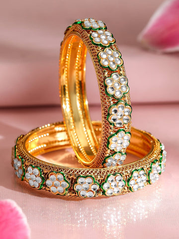Rubans Set of 2, 22K Gold-Plated Floral Kundan Studded Bangles with Green Enamel Accents Bangle