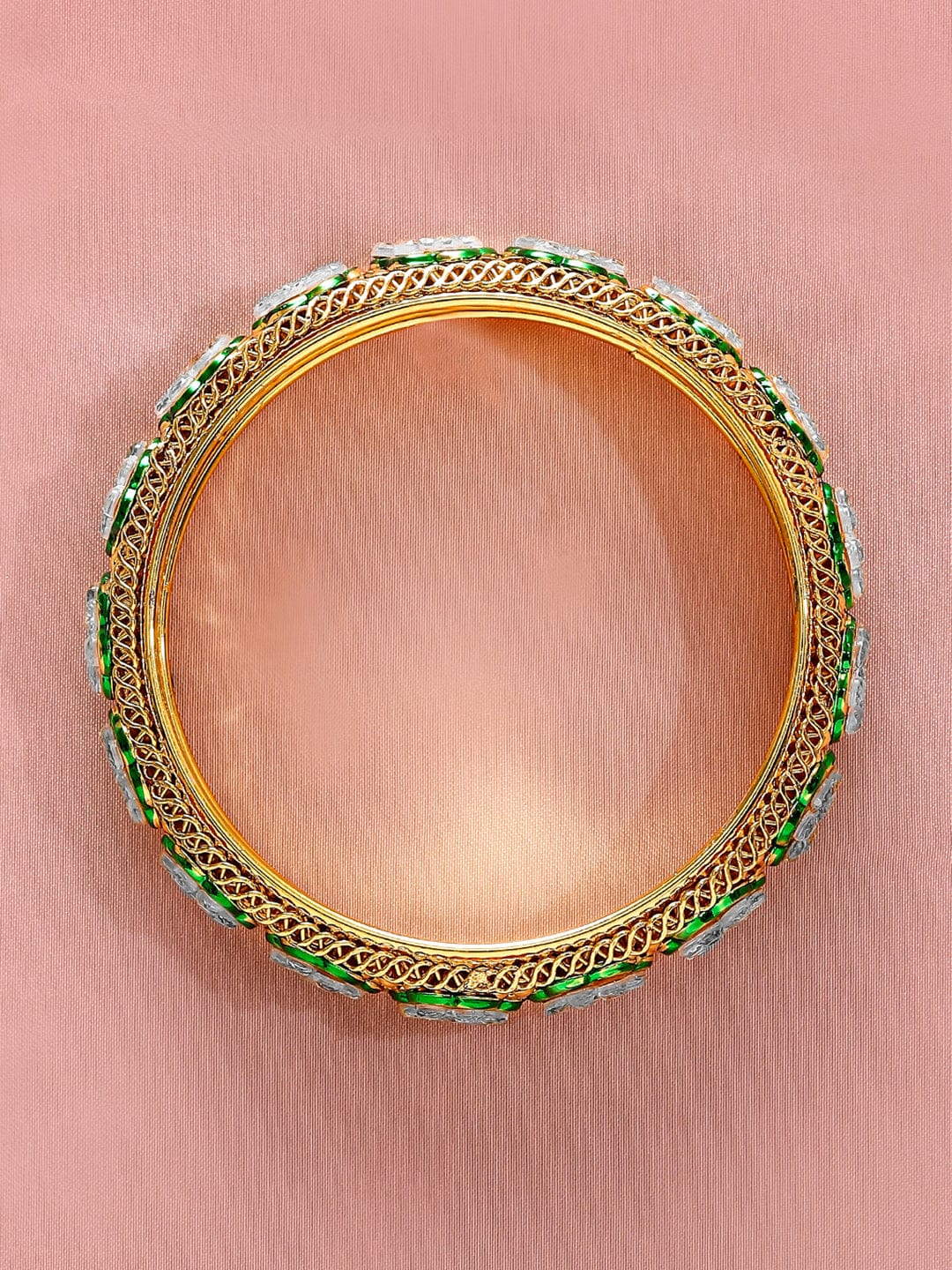 Rubans Set of 2, 22K Gold-Plated Floral Kundan Studded Bangles with Green Enamel Accents Bangle