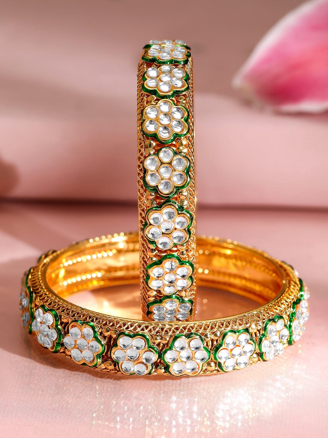 Rubans Set of 2, 22K Gold-Plated Floral Kundan Studded Bangles with Green Enamel Accents Bangle