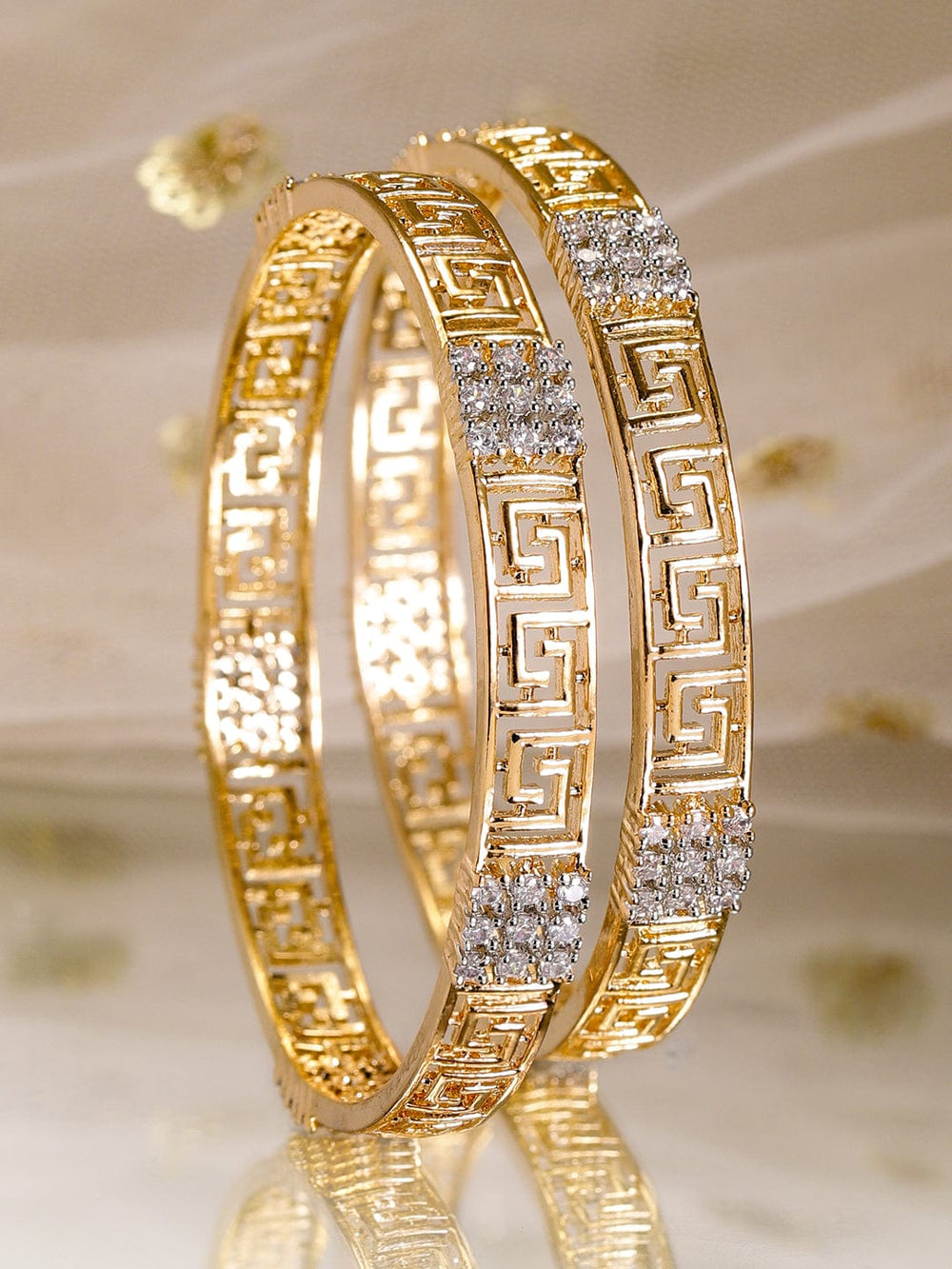 Rubans Set of 2, 22K Gold-Plated Greek Key Design & Cubic Zirconia Handcrafted Bangles Bangles