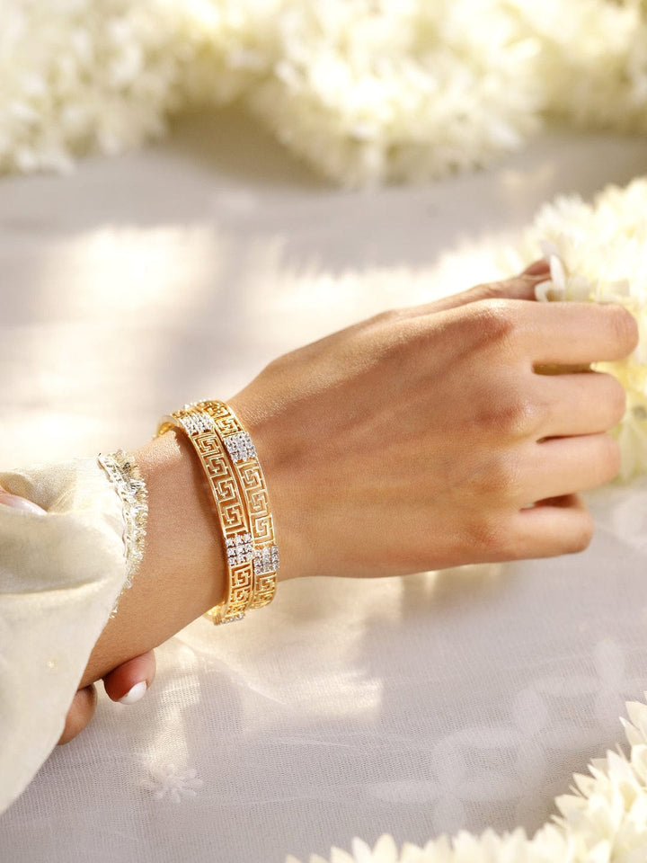 Rubans Set of 2, 22K Gold-Plated Greek Key Design & Cubic Zirconia Handcrafted Bangles Bangles