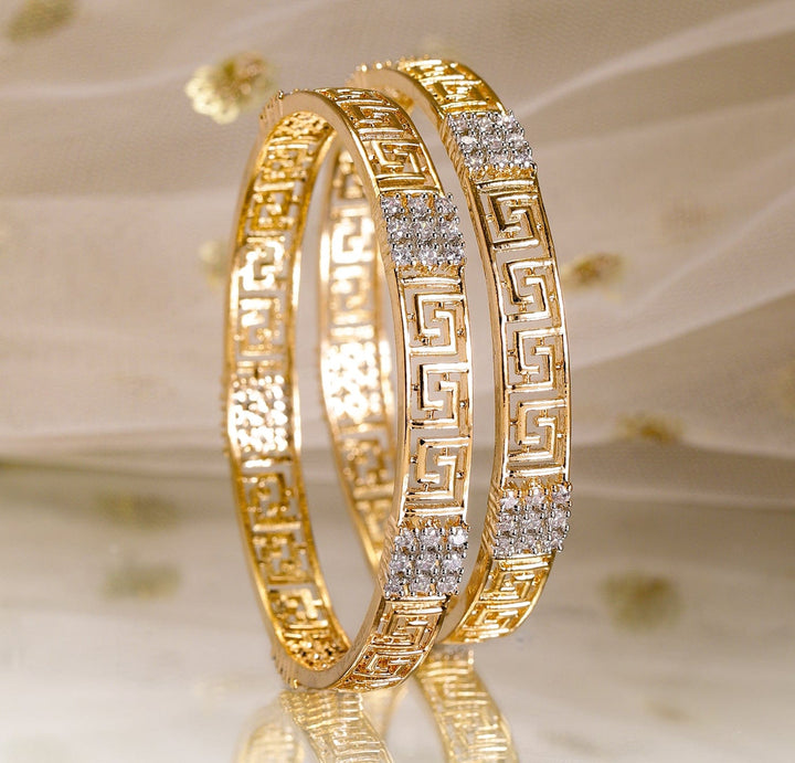 Rubans Set of 2, 22K Gold-Plated Greek Key Design & Cubic Zirconia Handcrafted Bangles Bangles