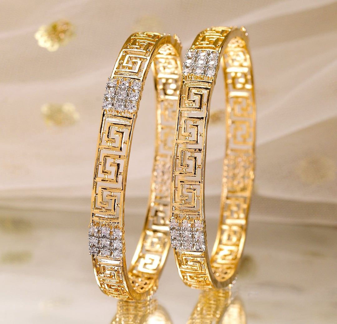 Rubans Set of 2, 22K Gold-Plated Greek Key Design & Cubic Zirconia Handcrafted Bangles Bangles